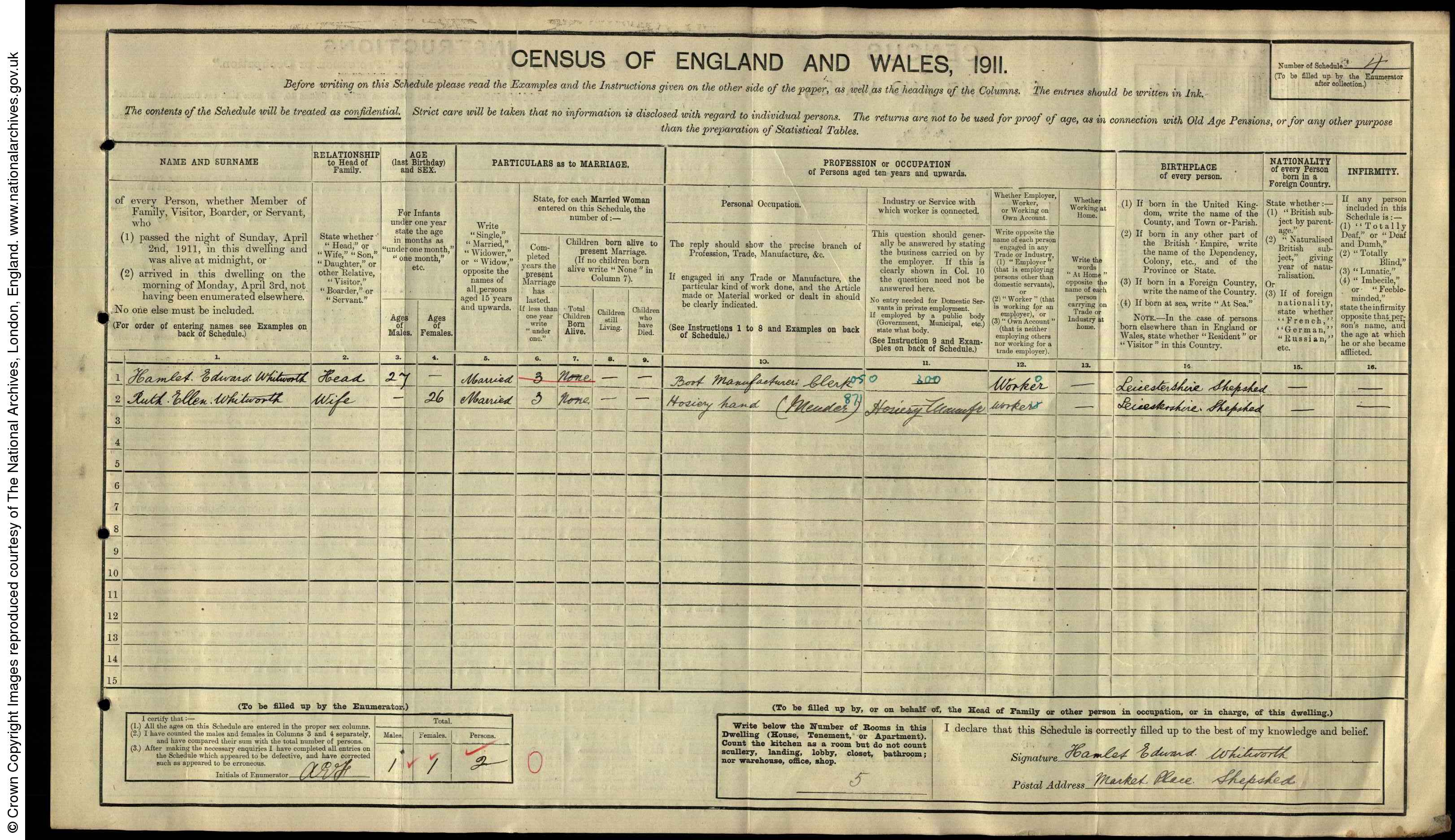 Hamlet Whitworth - Ruth Ellen Atkin 1911 Census